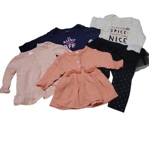 Baby girl 5-piece Bundle 9 mo.  2 Dresses, 2-piece Halloween set, &  Blue Onesie